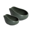 Two matte dark green, oval-shaped ceramic trays from the Loveramics Coffee Dosing Tray Set (Set of 2) are arranged side by side on a white background, echoing the sleek style often featured in James Hoffmann’s coffee gear reviews. With one tray slightly larger than the other, this Loveramics set is ideal for use as coffee dosing trays when preparing your next brew.
