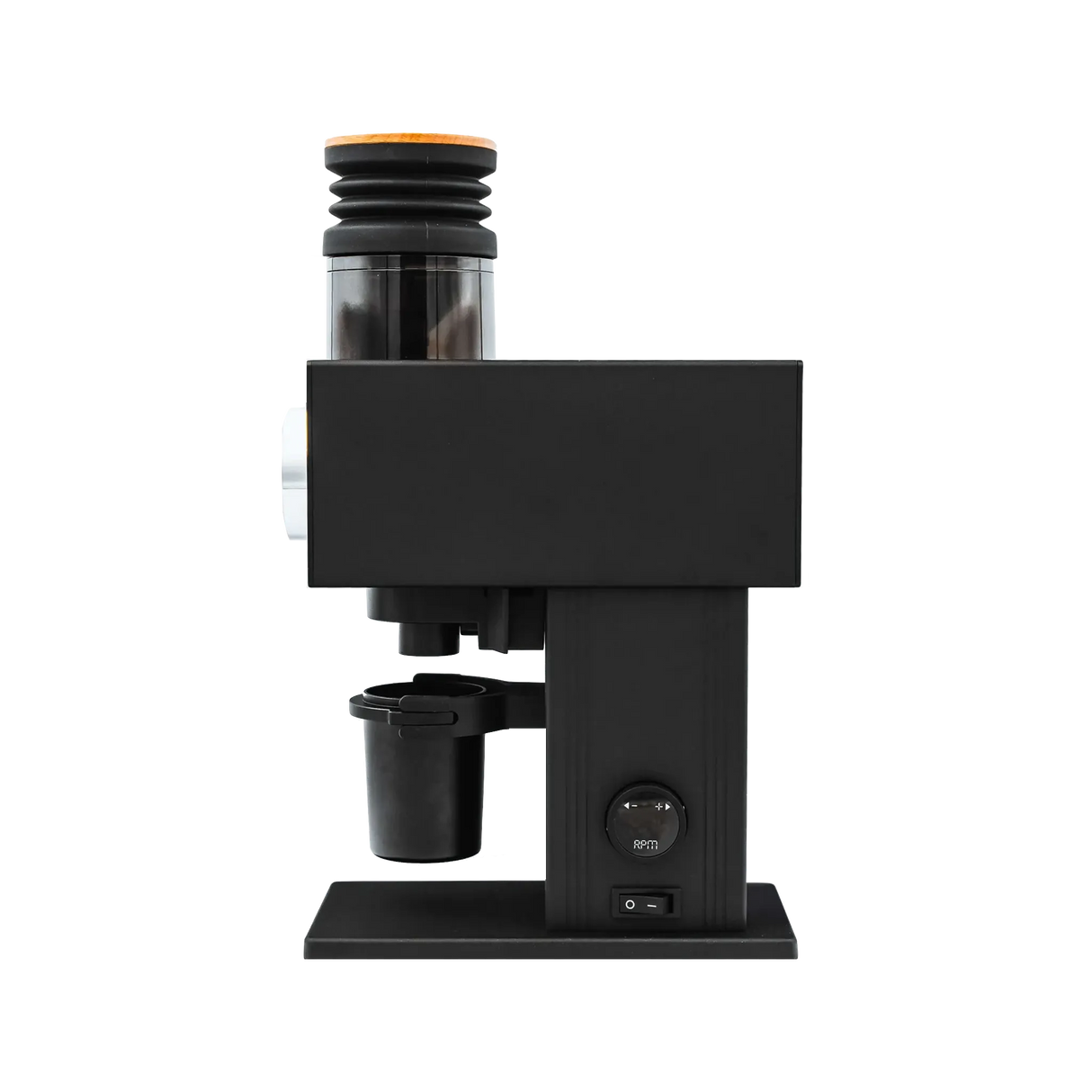 Side view of the DF Grinders CF64V Variable Speed Single Dose Coffee Grinder with DLC Burrs (Black), showroom unit, featuring a cylindrical bean hopper, cup holder, and power switch, set against a plain white background. In store pickup only.