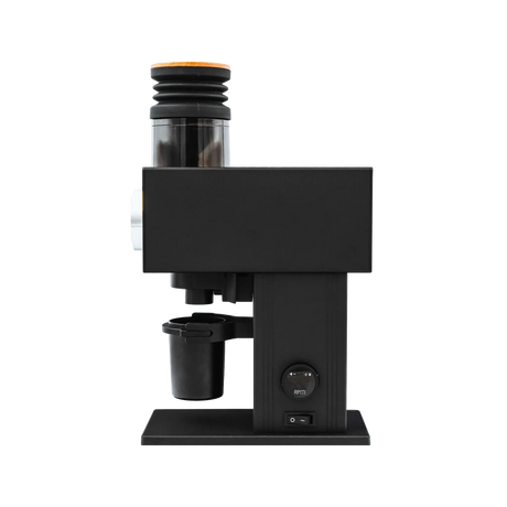 Side view of the DF Grinders CF64V Variable Speed Single Dose Coffee Grinder with DLC Burrs (Black), showroom unit, featuring a cylindrical bean hopper, cup holder, and power switch, set against a plain white background. In store pickup only.