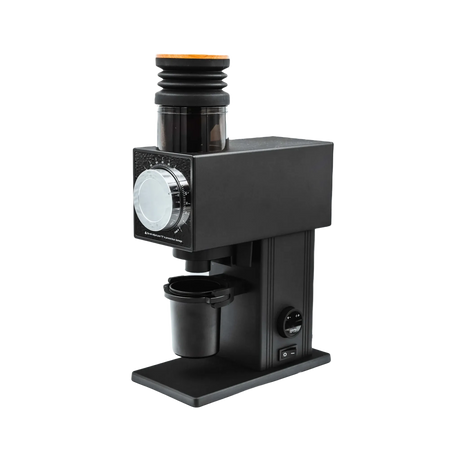 The DF Grinders CF64V Variable Speed Single Dose Coffee Grinder with DLC Burrs (Black)—a showroom unit—features a clear bean hopper, large silver adjustment dial, and black grounds container, shown against a plain white background. In store pickup only.