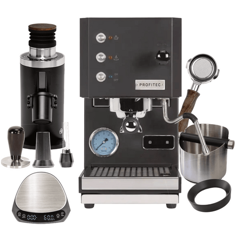 Profitec Go (Black) & DF64 Grinder with Red Speed Titanium Burr (Black) WDT tool, Brown Wood Bottomless Portafilter, Scale, Knock Box, Dosing Funnel "Ready To" Bundle Espresso Machine Profitec