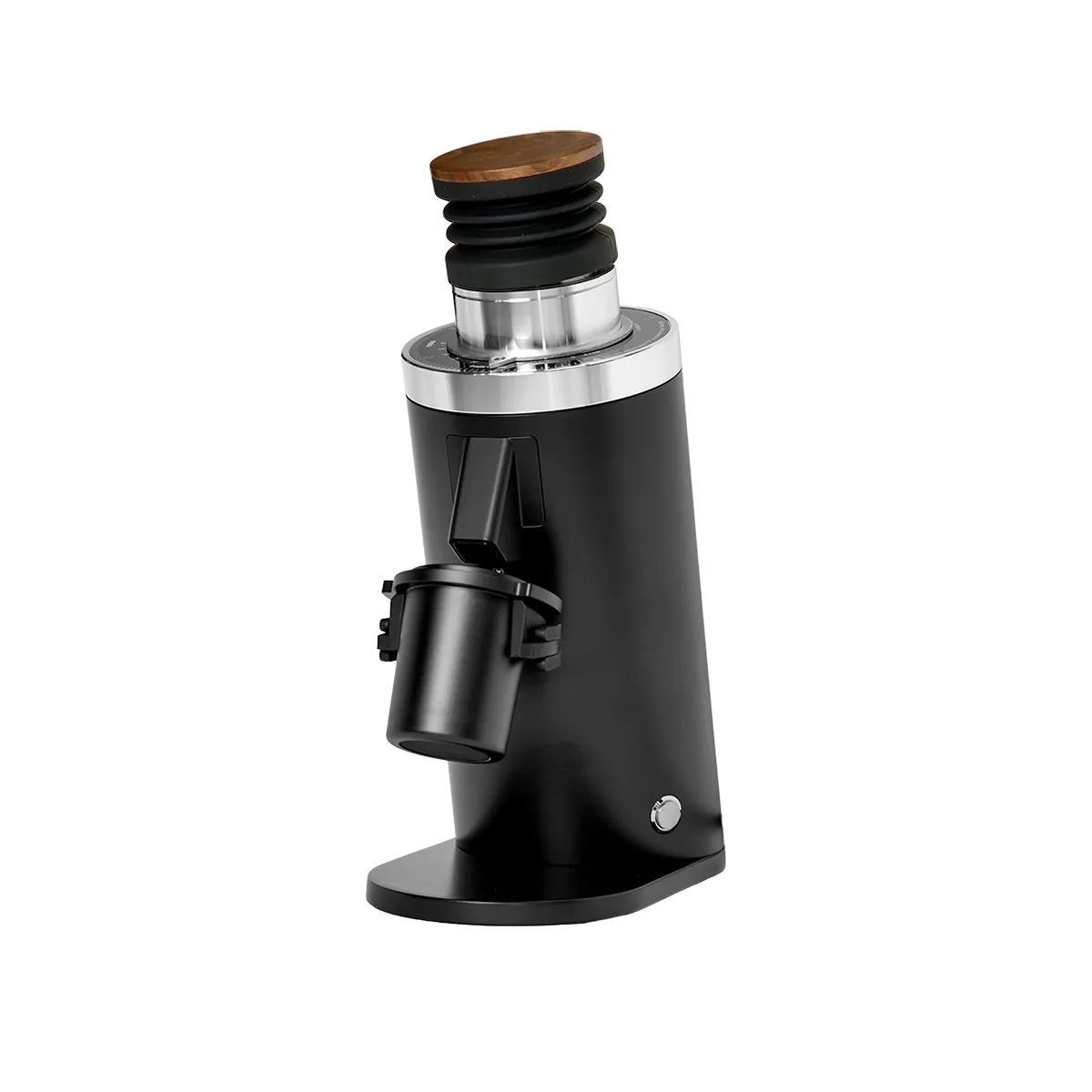 The DF Grinders DF64 Gen 2 Single Dose Coffee Grinder With DLC Burrs (Black) features a sleek cylindrical design, silver accents, 64mm DLC burrs, a wooden-topped lid, and a compact grounds container, shown on a white background.