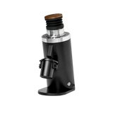 The DF Grinders DF64 Gen 2 Single Dose Coffee Grinder With DLC Burrs (Black) features a sleek cylindrical design, silver accents, 64mm DLC burrs, a wooden-topped lid, and a compact grounds container, shown on a white background.