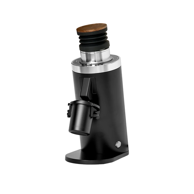 The DF Grinders DF64 Gen 2 Single Dose Coffee Grinder With DLC Burrs (Black) features a sleek cylindrical design, silver accents, 64mm DLC burrs, a wooden-topped lid, and a compact grounds container, shown on a white background.