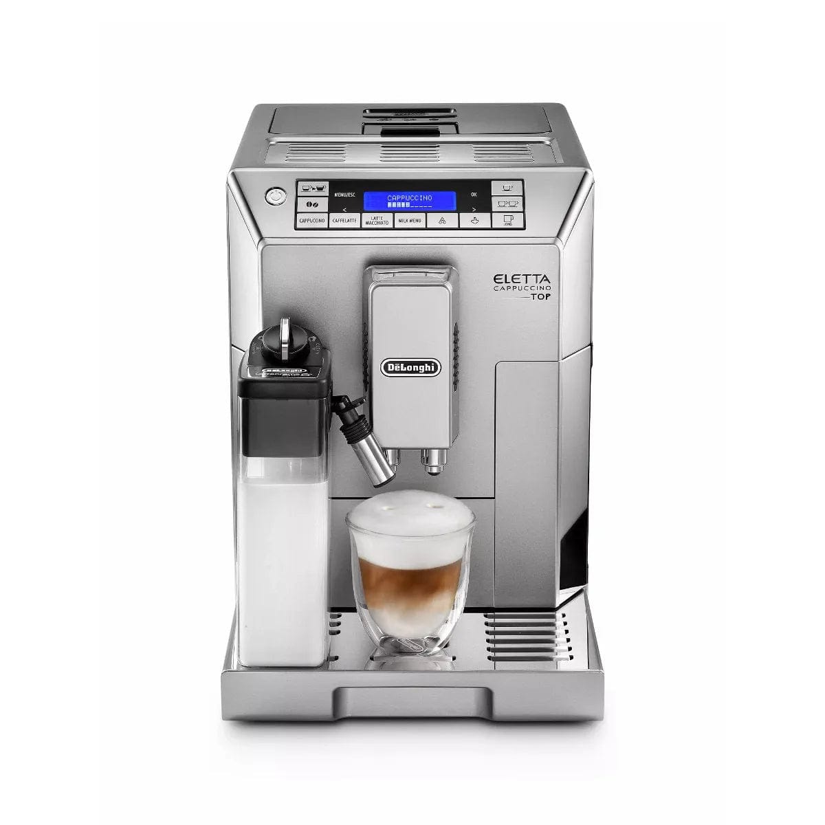 A refurbished silver DeLonghi Eletta Cappuccino Top Super Automatic Espresso Machine (ECAM45760S) with digital display and milk frother, shown with a glass cup of cappuccino on its drip tray.