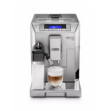 A refurbished silver DeLonghi Eletta Cappuccino Top Super Automatic Espresso Machine (ECAM45760S) with digital display and milk frother, shown with a glass cup of cappuccino on its drip tray.