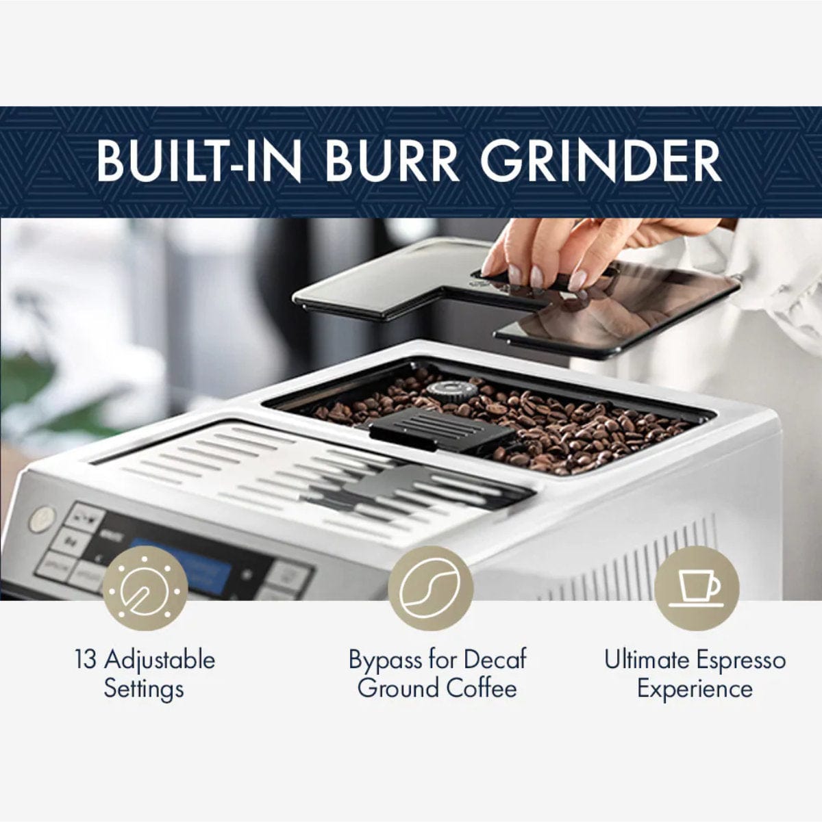 A hand lifts the lid of the DeLonghi Eletta Cappuccino Top Super Automatic Espresso Machine ECAM45760S (Silver) - REFURBISHED, revealing its built-in burr grinder with 13 adjustable settings and a decaf bypass for the perfect espresso.