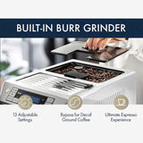 A hand lifts the lid of the DeLonghi Eletta Cappuccino Top Super Automatic Espresso Machine ECAM45760S (Silver) - REFURBISHED, revealing its built-in burr grinder with 13 adjustable settings and a decaf bypass for the perfect espresso.