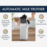 The DeLonghi Eletta Cappuccino Top Super Automatic Espresso Machine ECAM45760S (Silver, Refurbished) sits on a wooden surface; icons highlight perfect milk texturing, alternative milk compatibility, self-cleaning, and dishwasher safety.