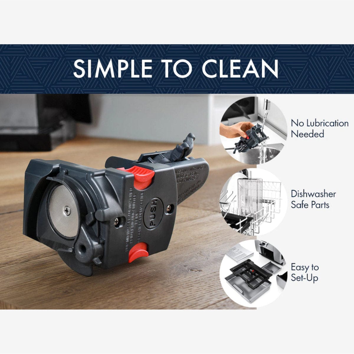 A meat slicer attachment sits on a counter labeled “Simple to Clean,” with insets showing no lubrication needed, dishwasher safe parts, and easy setup—ideal for use with your DeLonghi Eletta Cappuccino Top Super Automatic Espresso Machine ECAM45760S (Refurbished).