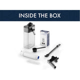 A refurbished DeLonghi Eletta Cappuccino Top Super Automatic Espresso Machine (ECAM45760S, Silver) is shown on a white surface with a transparent milk frother kit, black lid, scoop, cleaning brush, manual, and assorted accessories.