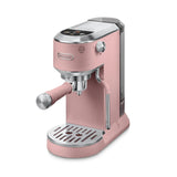 The DeLonghi Dedica Duo Espresso Machine with Cold Brew EC890PK (Rosé) features a silver control panel, My LatteArt technology, steam wand, and drip tray—ideal for crafting coffee and espresso drinks at home.