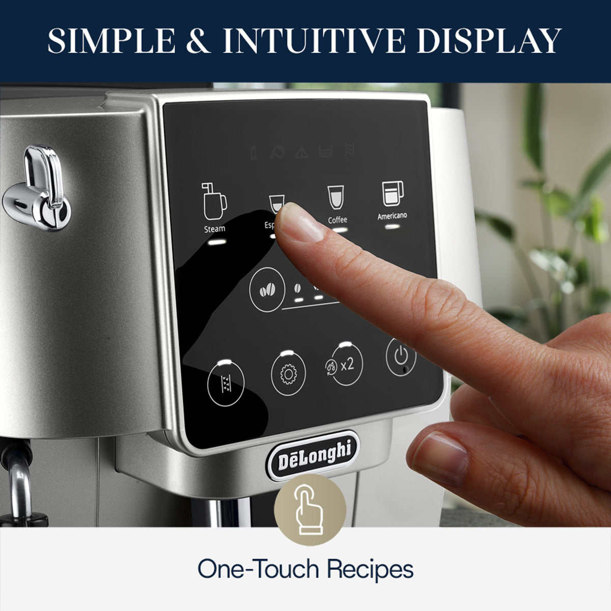 A hand selects the "Espresso" option on the touchscreen display of the De'Longhi Magnifica Start Super Automatic Espresso Machine ECAM22022SB (Silver), featuring intuitive icons for various drinks. Text above reads, "Simple & Intuitive Display.