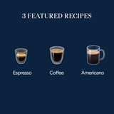 Certainly! Here’s a revised version of your sentence using the provided product data: Three glass cups showcase drinks labeled below: Espresso (small, dark shot), Coffee (medium, bold), and Americano (large, smooth with foam)—all expertly crafted for optimal flavor by the De’Longhi Magnifica Start Super Automatic Espresso Machine ECAM22022SB (Silver) from DeLonghi. Title above: “3 Featured Recipes.” Navy background.