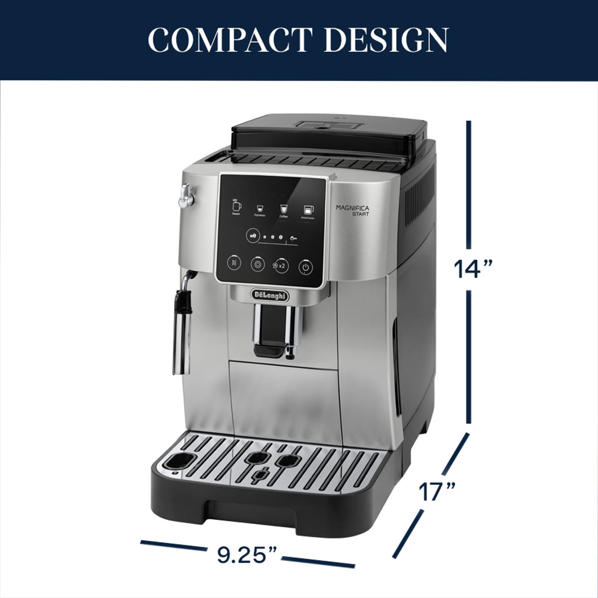 De'Longhi Magnifica Start Super Automatic Espresso Machine ECAM22022SB by DeLonghi—sleek silver finish, digital controls, integrated conical burr grinder, steam wand, and drip tray. Dimensions: 14" H x 17" D x 9.25" W. "COMPACT DESIGN" displayed on a navy background.
