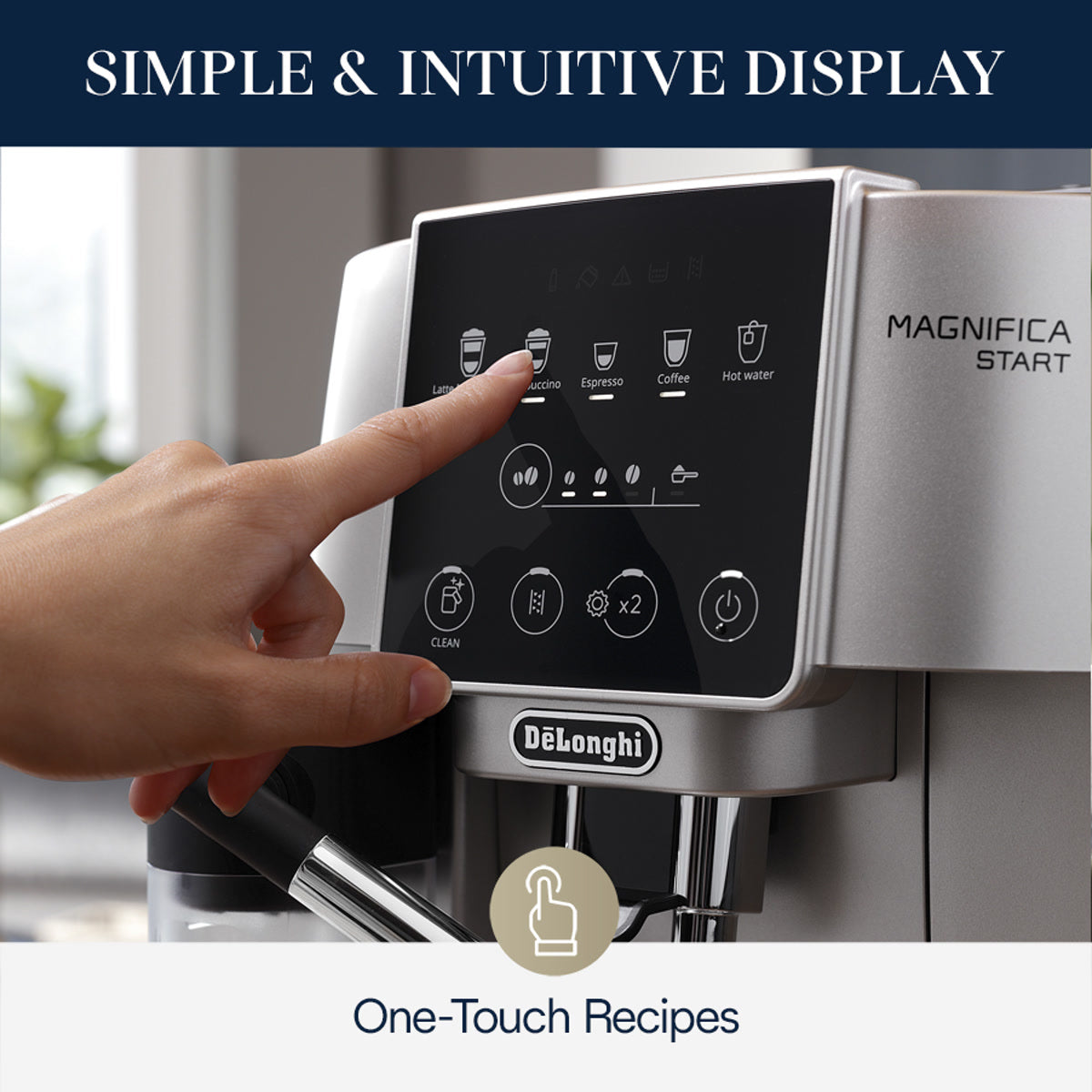 A hand selects the cappuccino option on the De'Longhi Magnifica Start Super Automatic Espresso Machine with LatteCrema System ECAM22080SB (Silver), featuring a touchscreen display with multiple drink choices and a built-in conical burr grinder for freshly ground beans.