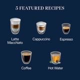 Five glass cups labeled Latte Macchiato, Cappuccino, Espresso, Coffee, and Hot Water—each crafted with the De'Longhi Magnifica Start Super Automatic Espresso Machine with LatteCrema System ECAM22080SB (Silver) by DeLonghi and filled with their respective beverages—are displayed on a dark blue background under the title "5 Featured Recipes" at the top.
