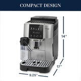 The DeLonghi Magnifica Start Super Automatic Espresso Machine with LatteCrema System ECAM22080SB (Silver) is shown, featuring a milk frother and the integrated LatteCrema System. Text reads "COMPACT DESIGN," and its dimensions are labeled as 14" tall, 17" deep, and 9.25" wide. The machine includes buttons, a digital display, and a conical burr grinder for freshly ground coffee every time.
