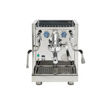 The ECM Technika VI Dual Boiler Espresso Machine w/ PID by ECM features stainless steel construction, dual boilers, PID temperature control, two pressure gauges, steam and hot water wands, and multiple control knobs—shown front-facing on a white background.