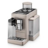 The DeLonghi Rivelia Super Automatic Espresso Machine EXAM44055BG in Sand Beige features LatteCrema Hot Technology, a milk frother, digital display, water tank, and cup tray, and is displayed on a white background.