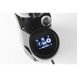 The Rocket Fausto 2.1 Espresso Macinatore Coffee Grinder RG821A3A12 (Black) boasts a top-down view of its modern design, featuring a digital touch display that shows various settings, including timer and grind size adjustments. Its sleek black finish with stainless steel accents makes it an ideal match for pairing with Rocket Espresso Machines.