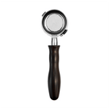 The HCS Bottomless Portafilter (Brown Wood) by HCS features a dark wooden handle and metal filter basket, shown from above on a white background.