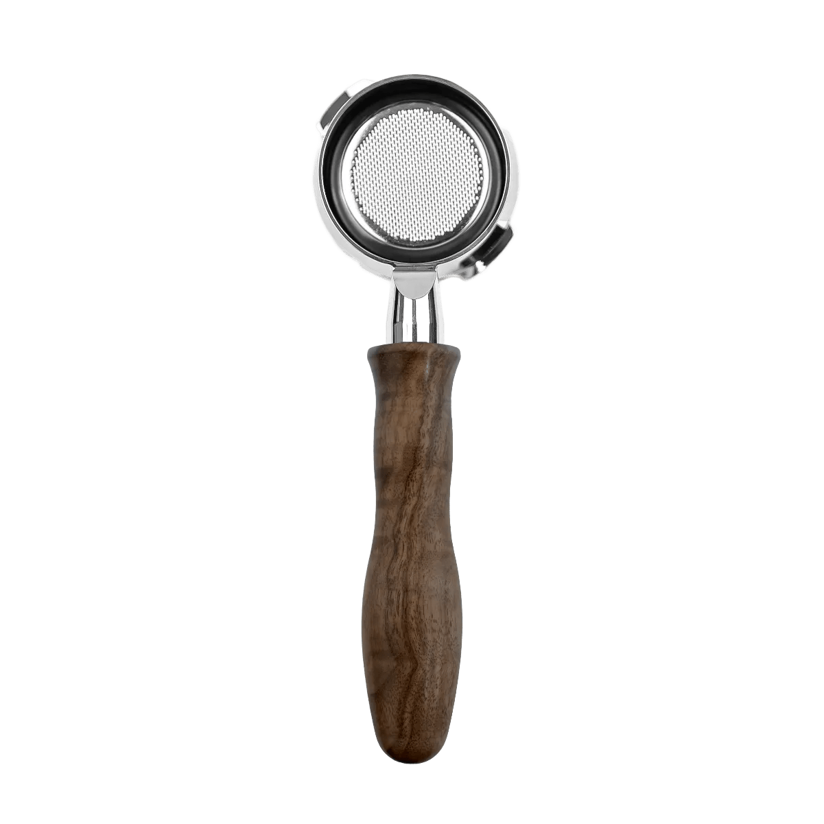 The HCS Bottomless Portafilter (Brown Wood) features a round stainless steel head and a wooden handle, resembling a metal mesh strainer, displayed against a plain black background.