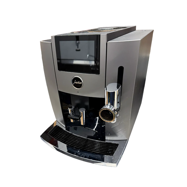 Jura S8 Super Automatic Coffee Machine 15755 (Dark Inox) in dark gray with a built-in touchscreen display, AromaG3 grinder, and adjustable chrome spouts.