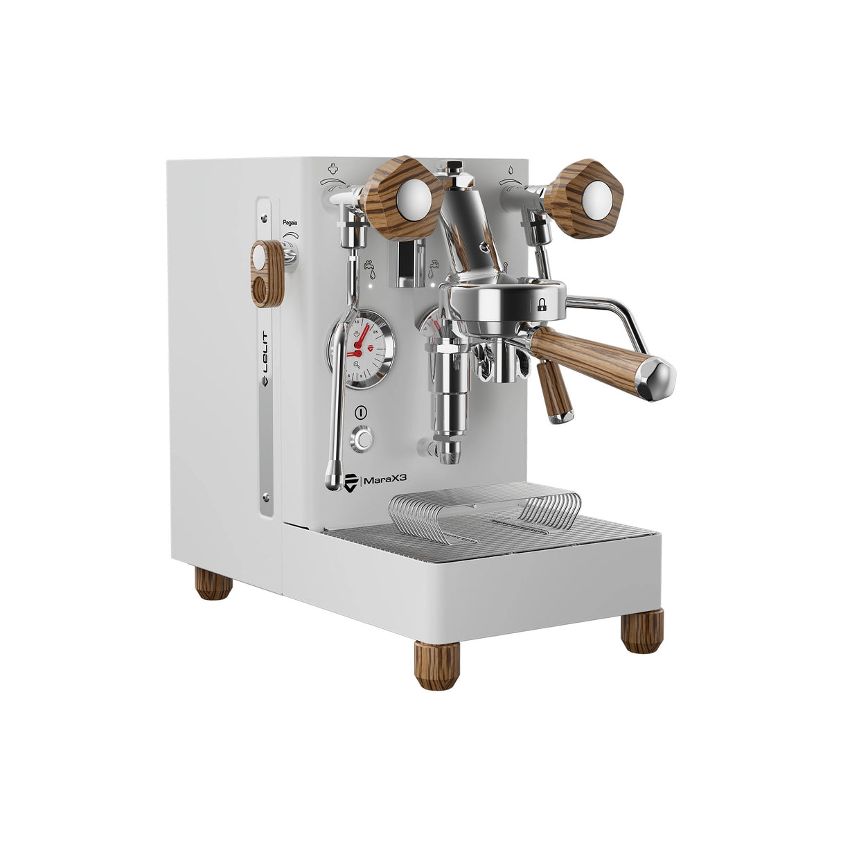 The Lelit Mara X3 Semi-Automatic Heat-Exchange Espresso Machine PL62X3 (White) features stylish wood-accented handles and feet, steam wand, pressure gauge, and metallic portafilter—all set against a plain white background.