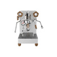 Front view of the Lelit Mara X3 Semi-Automatic Heat-Exchange Espresso Machine PL62X3 (White) by Lelit, featuring wood-accented handles, portafilter, steam wand, hot water spout, electronic flow control, pressure gauge, and bottom drip tray.