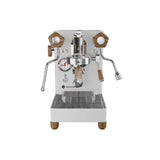 Front view of the Lelit Mara X3 Semi-Automatic Heat-Exchange Espresso Machine PL62X3 (White) by Lelit, featuring wood-accented handles, portafilter, steam wand, hot water spout, electronic flow control, pressure gauge, and bottom drip tray.