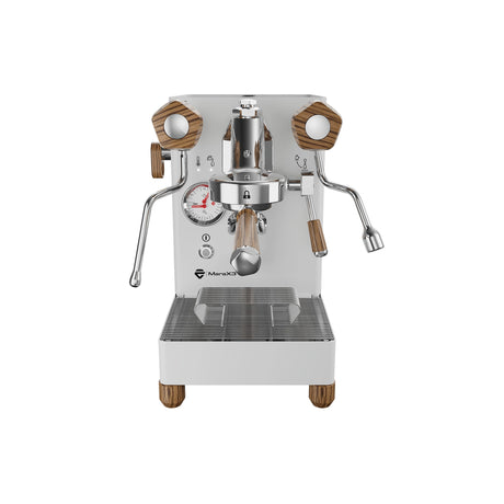 Front view of the Lelit Mara X3 Semi-Automatic Heat-Exchange Espresso Machine PL62X3 (White) by Lelit, featuring wood-accented handles, portafilter, steam wand, hot water spout, electronic flow control, pressure gauge, and bottom drip tray.