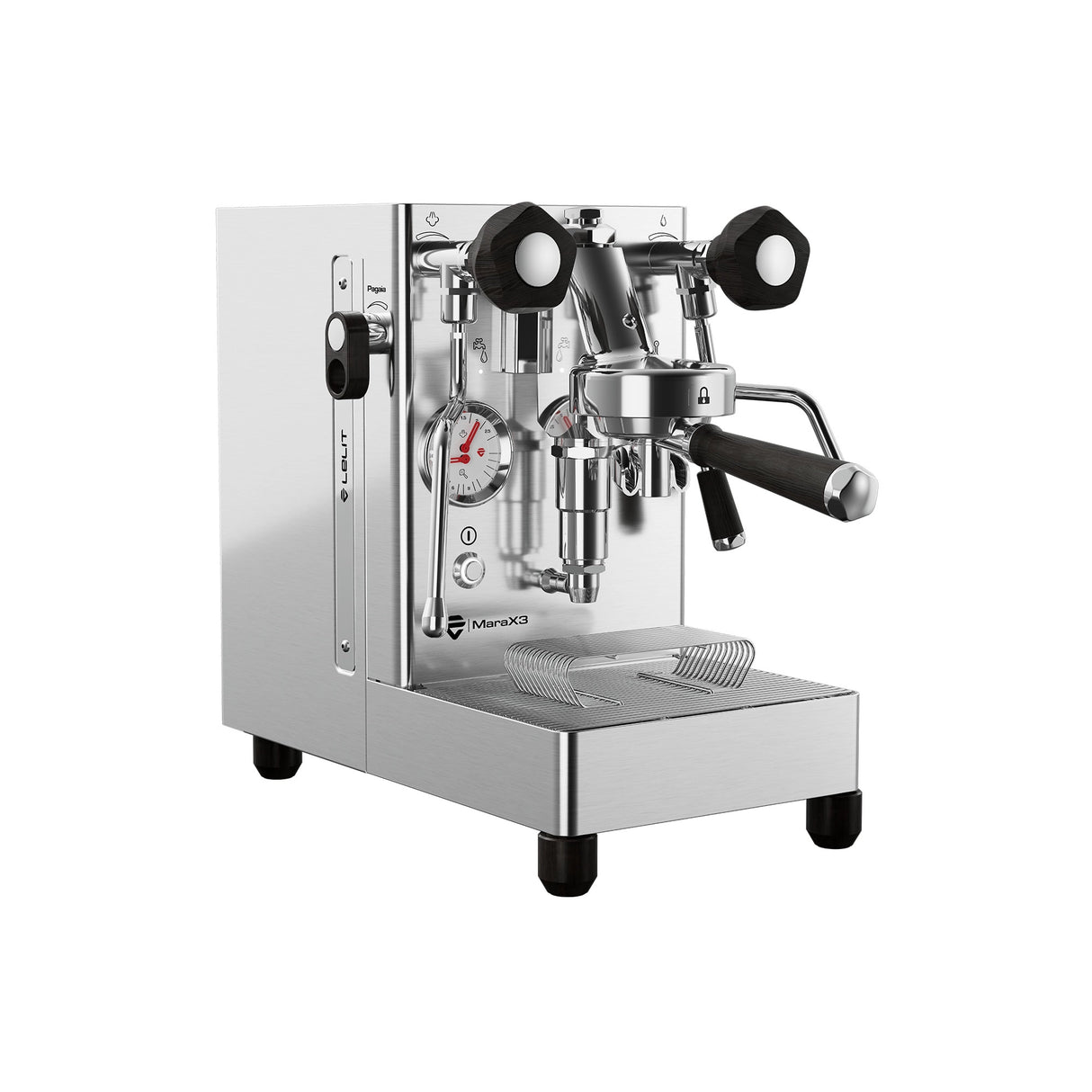 The Lelit Mara X3 Semi-Automatic Heat-Exchange Espresso Machine PL62X3 features stainless steel design, a portafilter handle, pressure gauge, knobs, dual probe PID system, and drip tray—all set against a plain white background.