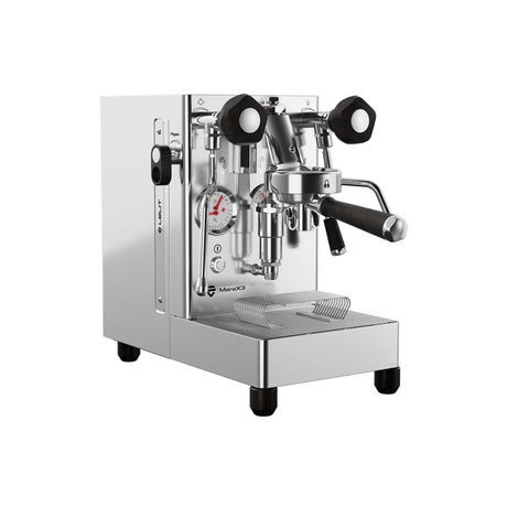 The Lelit Mara X3 Semi-Automatic Heat-Exchange Espresso Machine PL62X3 features stainless steel design, a portafilter handle, pressure gauge, knobs, dual probe PID system, and drip tray—all set against a plain white background.