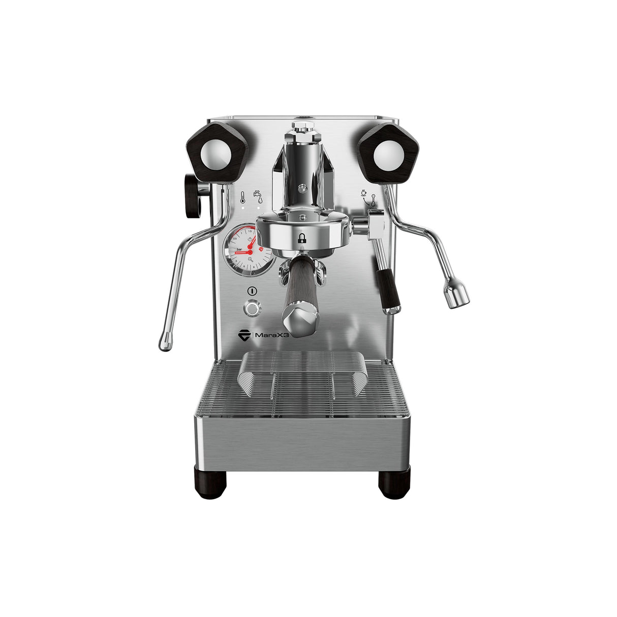 The Lelit Mara X3 Semi-Automatic Heat-Exchange Espresso Machine PL62X3 (Stainless Steel) features a pressure gauge, two black side knobs, electronic flow control, a center portafilter, and a bottom drip tray, shown front-facing on a white background.