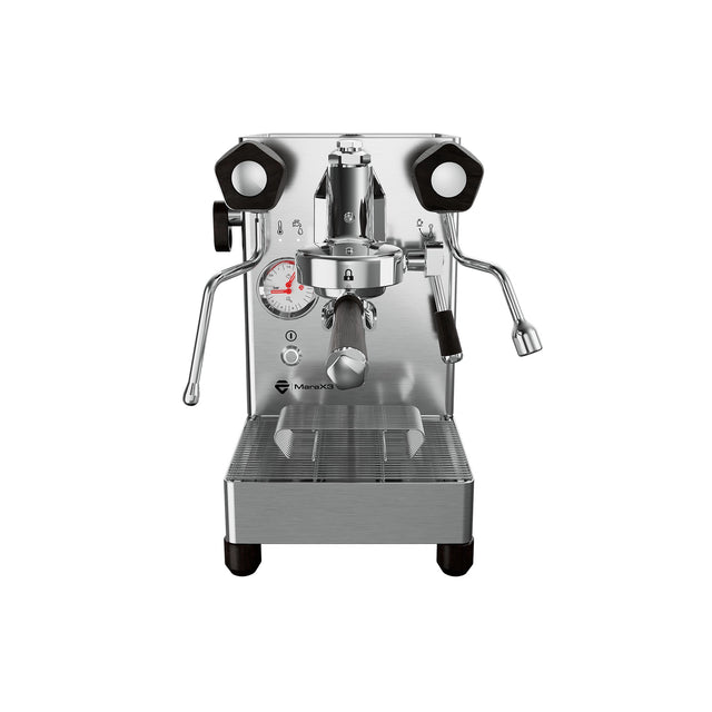 The Lelit Mara X3 Semi-Automatic Heat-Exchange Espresso Machine PL62X3 (Stainless Steel) features a pressure gauge, two black side knobs, electronic flow control, a center portafilter, and a bottom drip tray, shown front-facing on a white background.