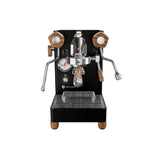 The Lelit Mara X3 Semi-Automatic Heat-Exchange Espresso Machine PL62X3 (Black) features a modern black body, wood handles and feet, pressure gauge, dual levers, electronic flow control, and a metal drip tray—shown on a white background.