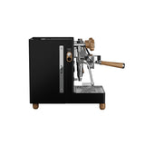 The Lelit Mara X3 Semi-Automatic Heat-Exchange Espresso Machine PL62X3 (Black) features wood accents, a silver front, electronic flow control, pressure gauge, steam wand, and drip tray—shown here on a plain white background.