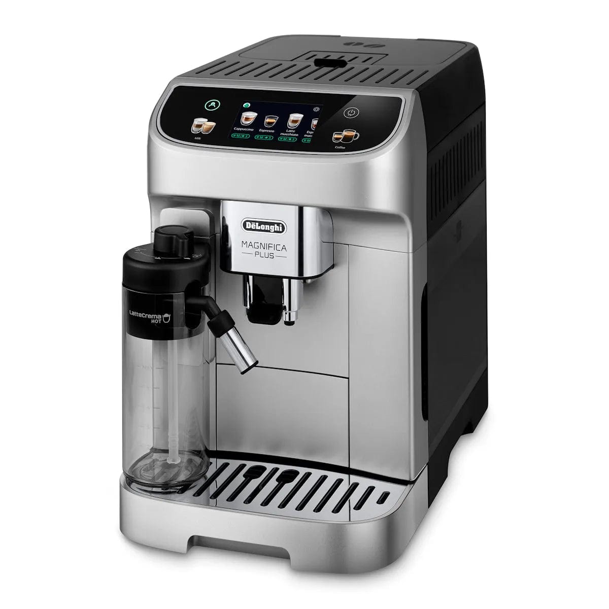 The DeLonghi Magnifica Plus with LatteCrema System (ECAM32070SB) is a silver and black super automatic espresso machine featuring a digital display, milk frother, LatteCrema Hot technology, and drip tray for delicious coffee at home.