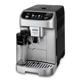 The DeLonghi Magnifica Plus with LatteCrema System (ECAM32070SB) is a silver and black super automatic espresso machine featuring a digital display, milk frother, LatteCrema Hot technology, and drip tray for delicious coffee at home.