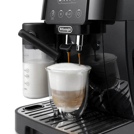 The DeLonghi Magnifica Start Super Automatic Espresso Machine with LatteCrema System ECAM22080B easily dispenses rich espresso and frothy milk from its attached container, making it simple to craft perfect cappuccinos or lattes at home.