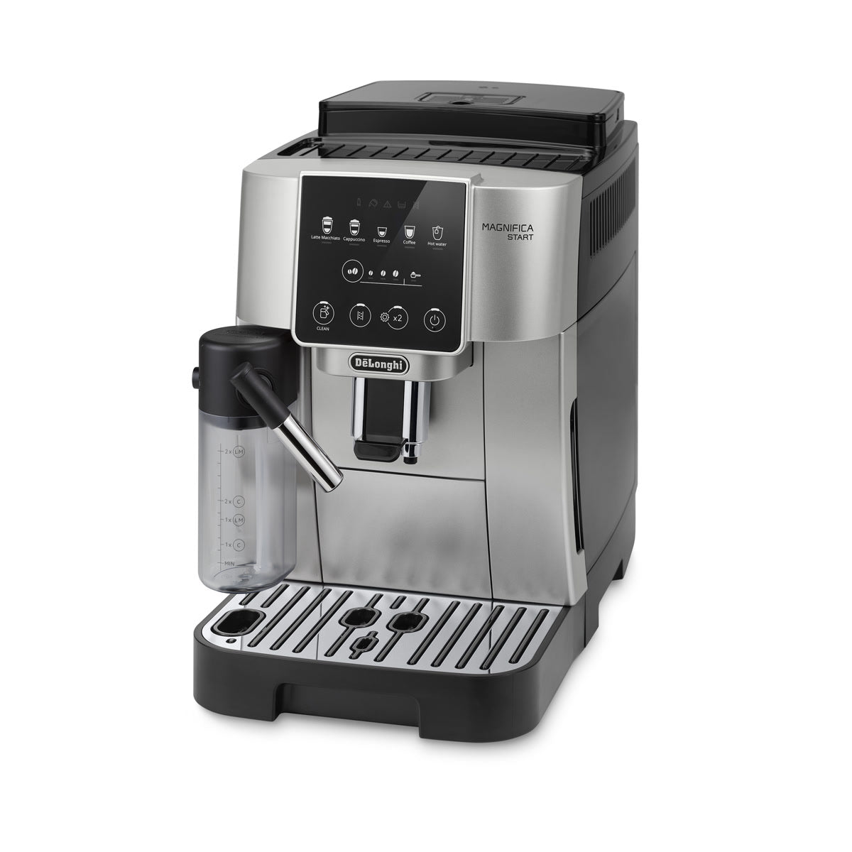 The DeLonghi Magnifica Start Super Automatic Espresso Machine with LatteCrema System ECAM22080SB (Silver) features a silver and black design, a touch control panel, integrated conical burr grinder, and built-in milk frother, making it ideal for preparing coffee and espresso drinks.