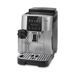 The DeLonghi Magnifica Start Super Automatic Espresso Machine with LatteCrema System ECAM22080SB (Silver) features a silver and black design, a touch control panel, integrated conical burr grinder, and built-in milk frother, making it ideal for preparing coffee and espresso drinks.