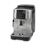 A DeLonghi Magnifica Start Super Automatic Espresso Machine ECAM22022SB in silver, featuring a digital control panel, built-in conical burr grinder, steam wand, and drip tray by DeLonghi, is displayed against a white background.