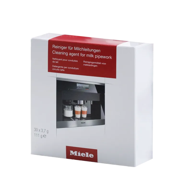 A box of Miele Cleaning Agent for Milk Pipework Cleaner Sachets (30 count), featuring red and white branding with an image of a Miele coffee machine, contains 30 x 3.7g sachets (111g) for effective milk system cleaning.