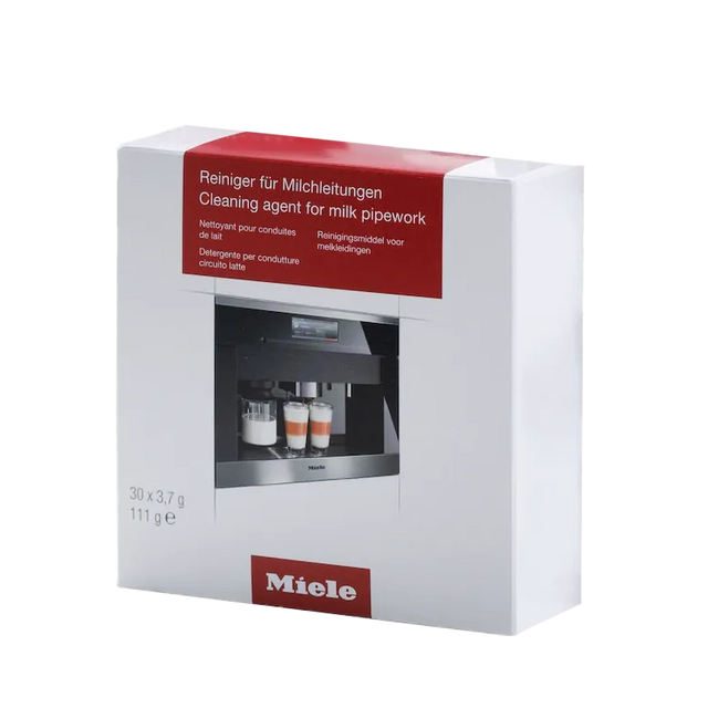 A box of Miele Cleaning Agent for Milk Pipework Cleaner Sachets (30 count), featuring red and white branding with an image of a Miele coffee machine, contains 30 x 3.7g sachets (111g) for effective milk system cleaning.