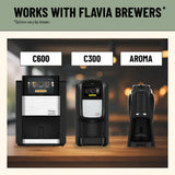 Three Flavia coffee brewers (C600, C300, Aroma) are shown side by side on a countertop. The text says "Works with Flavia Brewers*" and features Lavazza Decaf Medium Roast Coffee Freshpacks (Case of 76). *Options vary by brewer.