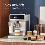A Philips Cafe Aromis 8000 Super Automatic Espresso Machine with LatteGo Pro EP8757/20 (Stainless Steel) by Philips sits on a counter beside several cups of coffee and jars of coffee beans. Text reads: “Enjoy 18% off! Use code: 18OFF at checkout.”.