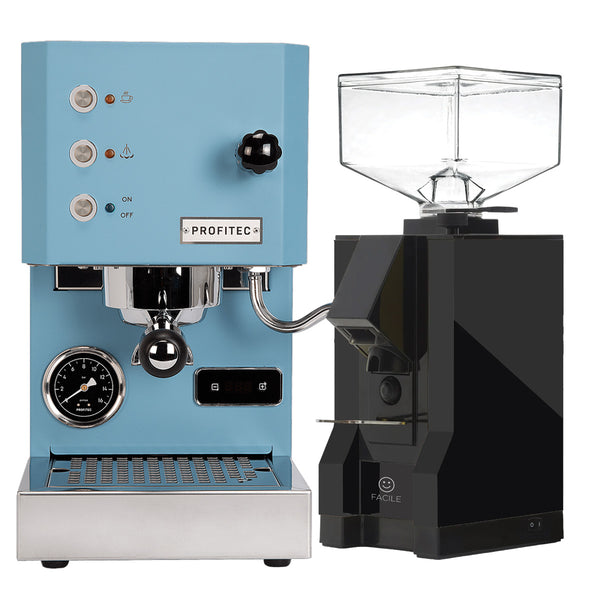 Profitec Go (Blue) Espresso Machine & Eureka Mignon Facile Grinder (Black) Bundle