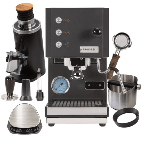 Profitec Go Espresso Machine (Black) & DF54 Grinder (Black), WDT tool, Brown Wood Bottomless Portafilter, Scale, Dosing Funnel "Ready To" Bundle Espresso Machine Profitec